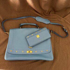 MCM Blue Leather Cross-Body Bag and Wallet Set